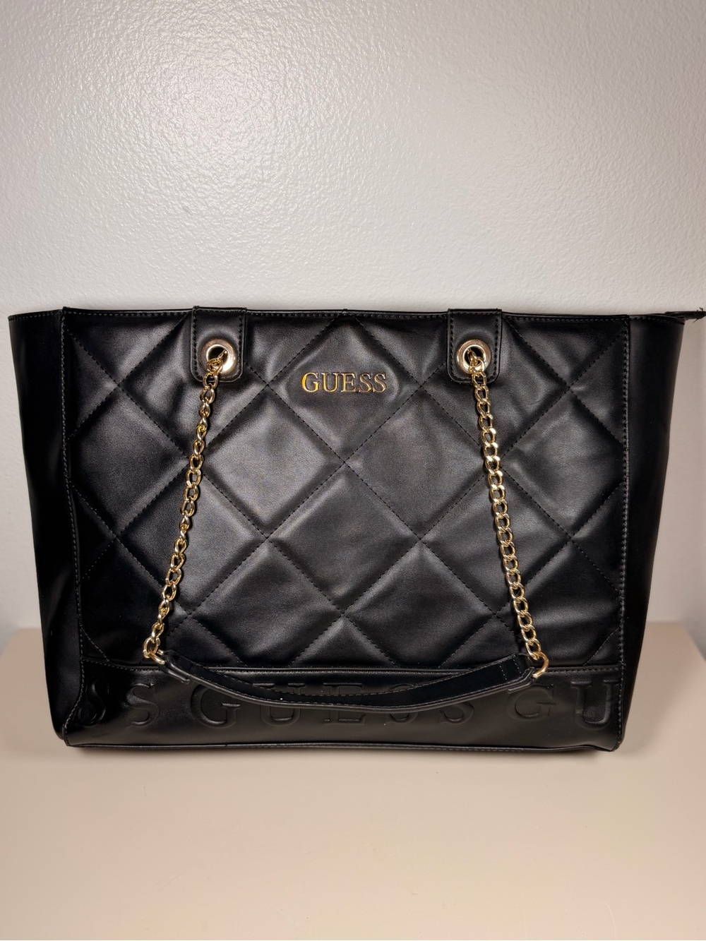 Guess Black Quilted Tote with Gold Chain Handles